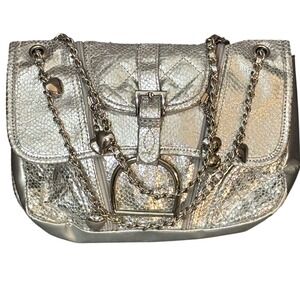 Vintage DG2 Diana Gilman Silver Heart Charm Shoulder Bag Metallic Snake Skin Y2K